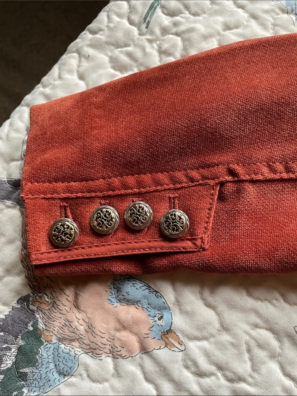 Double Breasted Suede Look Rust Color Ruffled Jacket - Picture 10 of 14